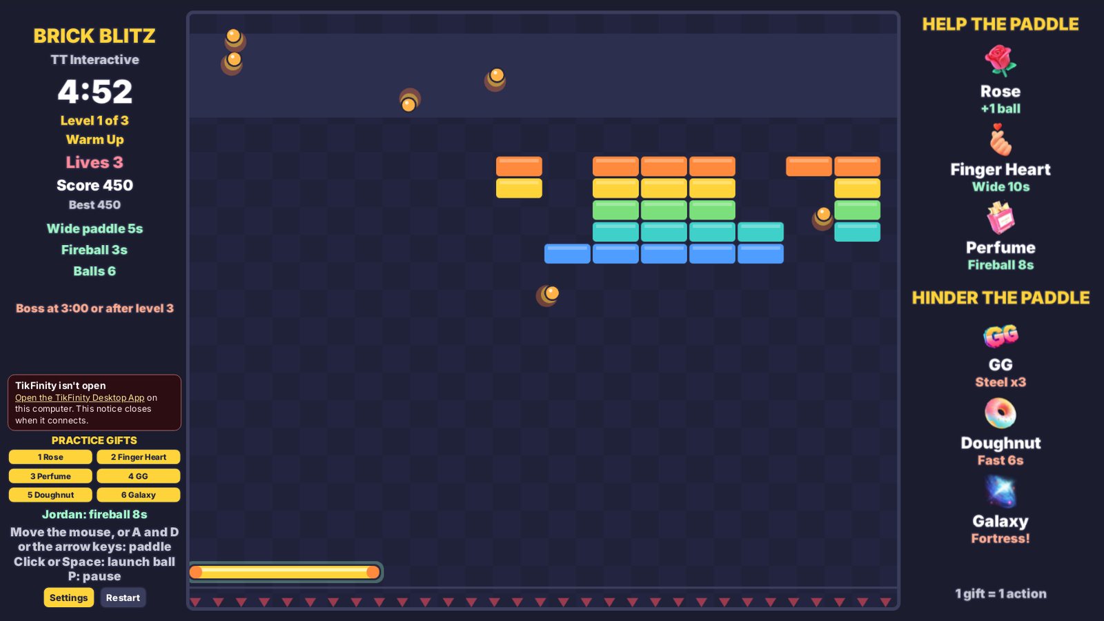 Brick Blitz: several balls and fireballs smash the bricks while the wide paddle waits below, with the gift list down the right side