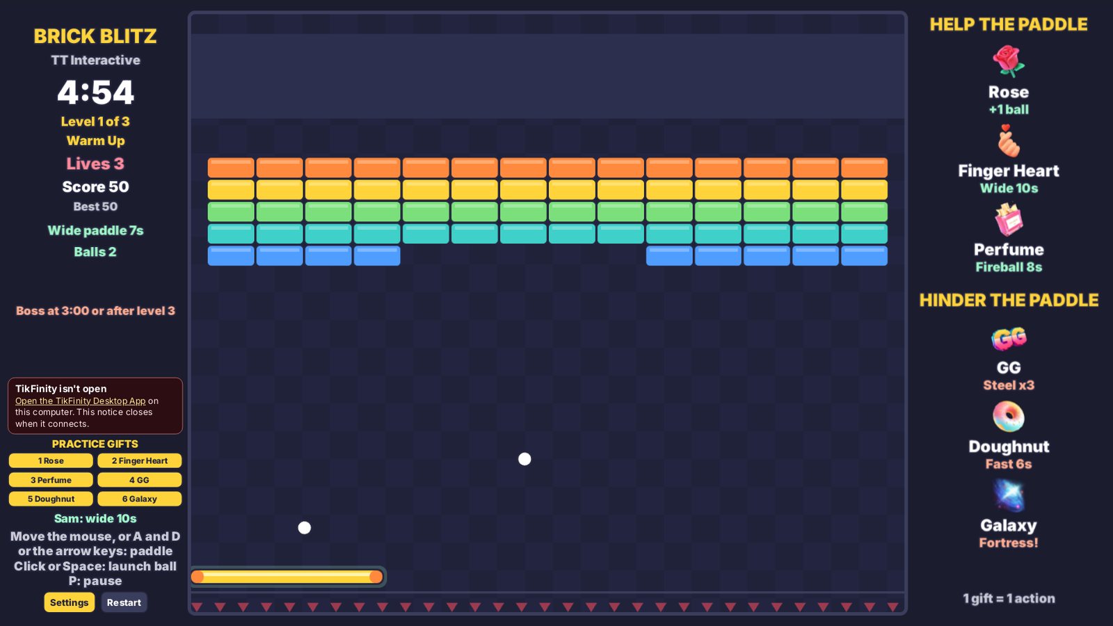 Brick Blitz: the practice gift buttons and TikFinity notice on the left of the play page