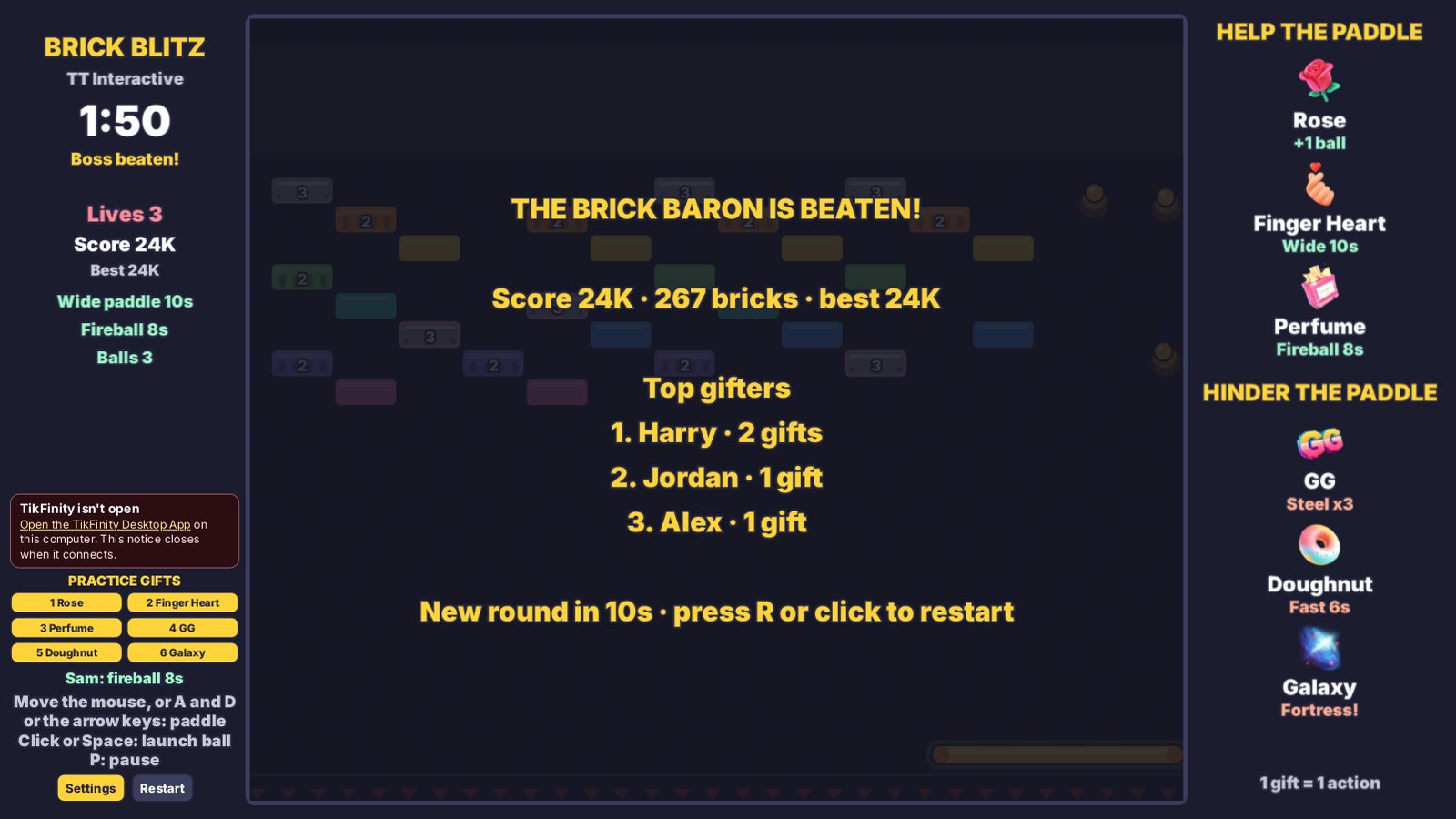 Brick Blitz results screen: the Brick Baron is beaten, with the score and the top gifters