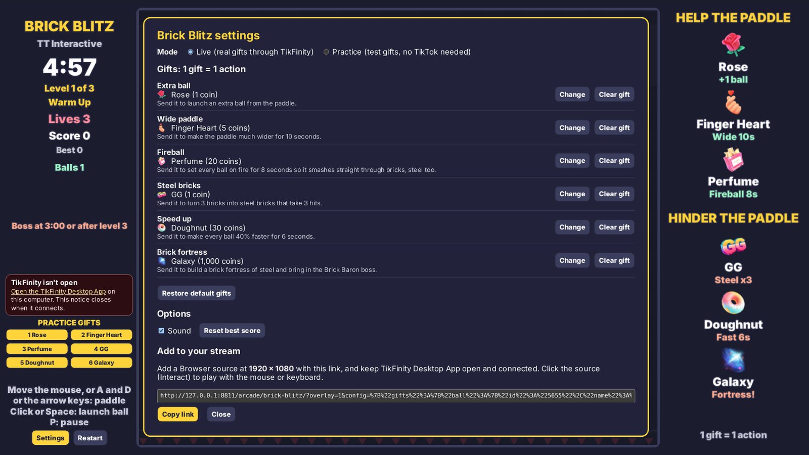 Brick Blitz settings: gift pickers for each action and the overlay link to copy