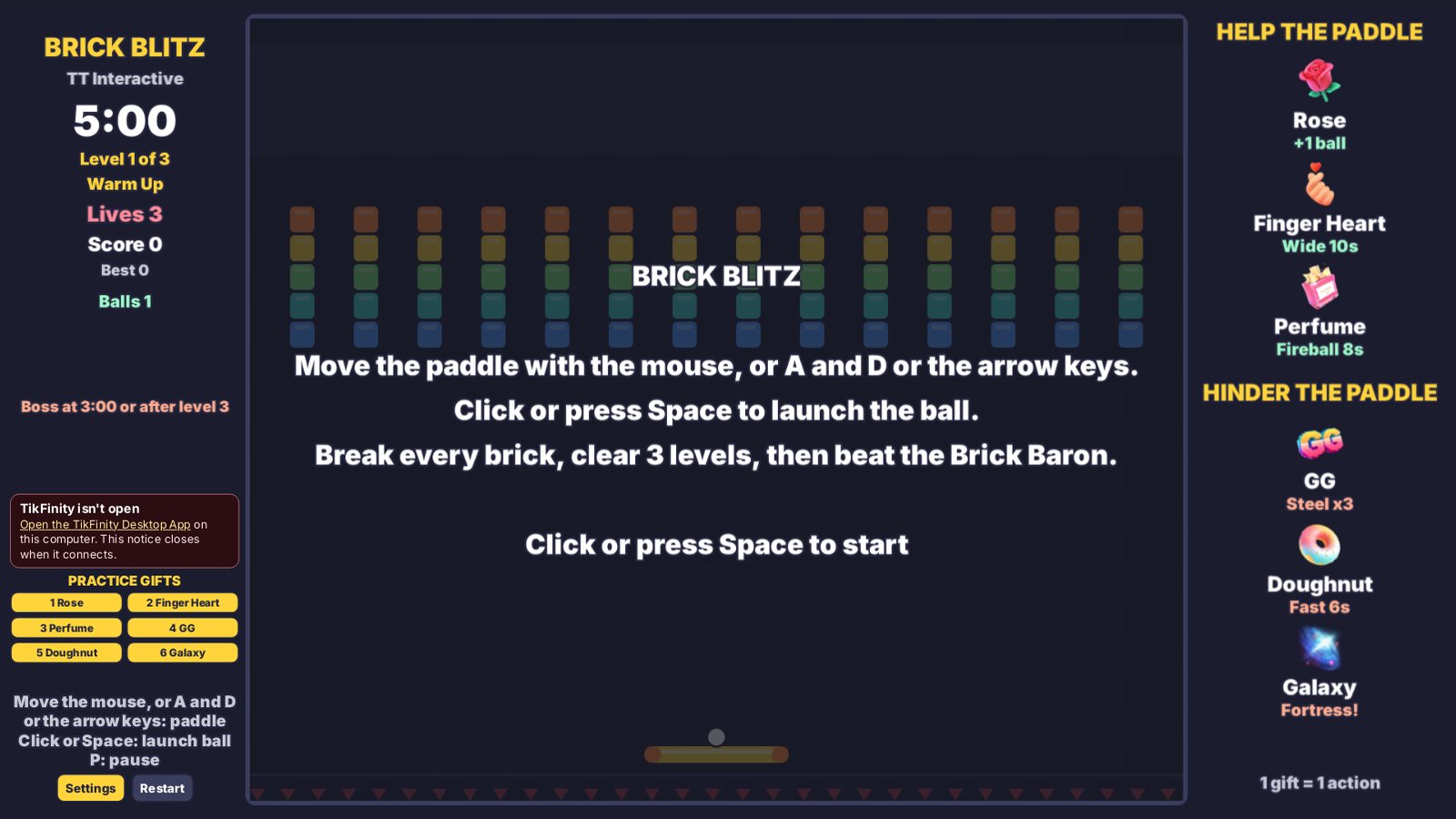 Brick Blitz start screen with the controls and Click or press Space to start