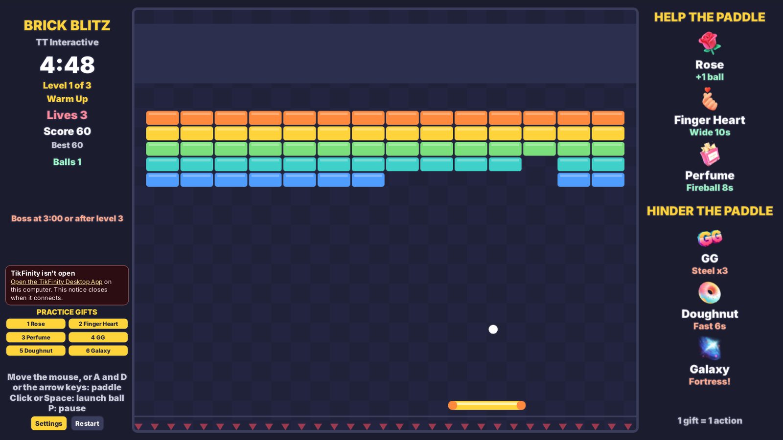 Brick Blitz: the ball bounces off the bricks in the first level, Warm Up