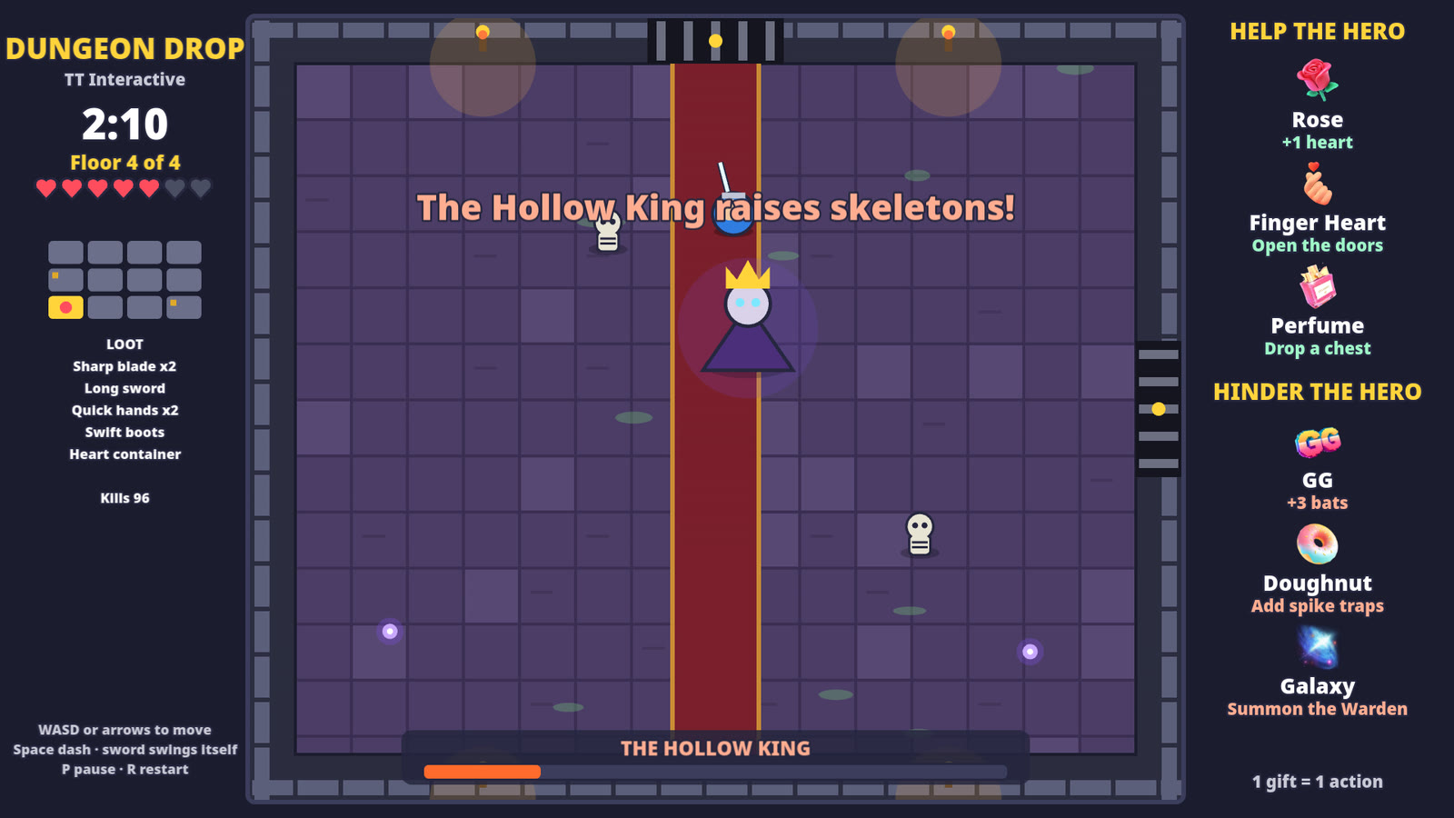 Dungeon Drop throne room: the hero fights The Hollow King, with his health bar at the bottom, the floor map on the left and the gift list down the right side
