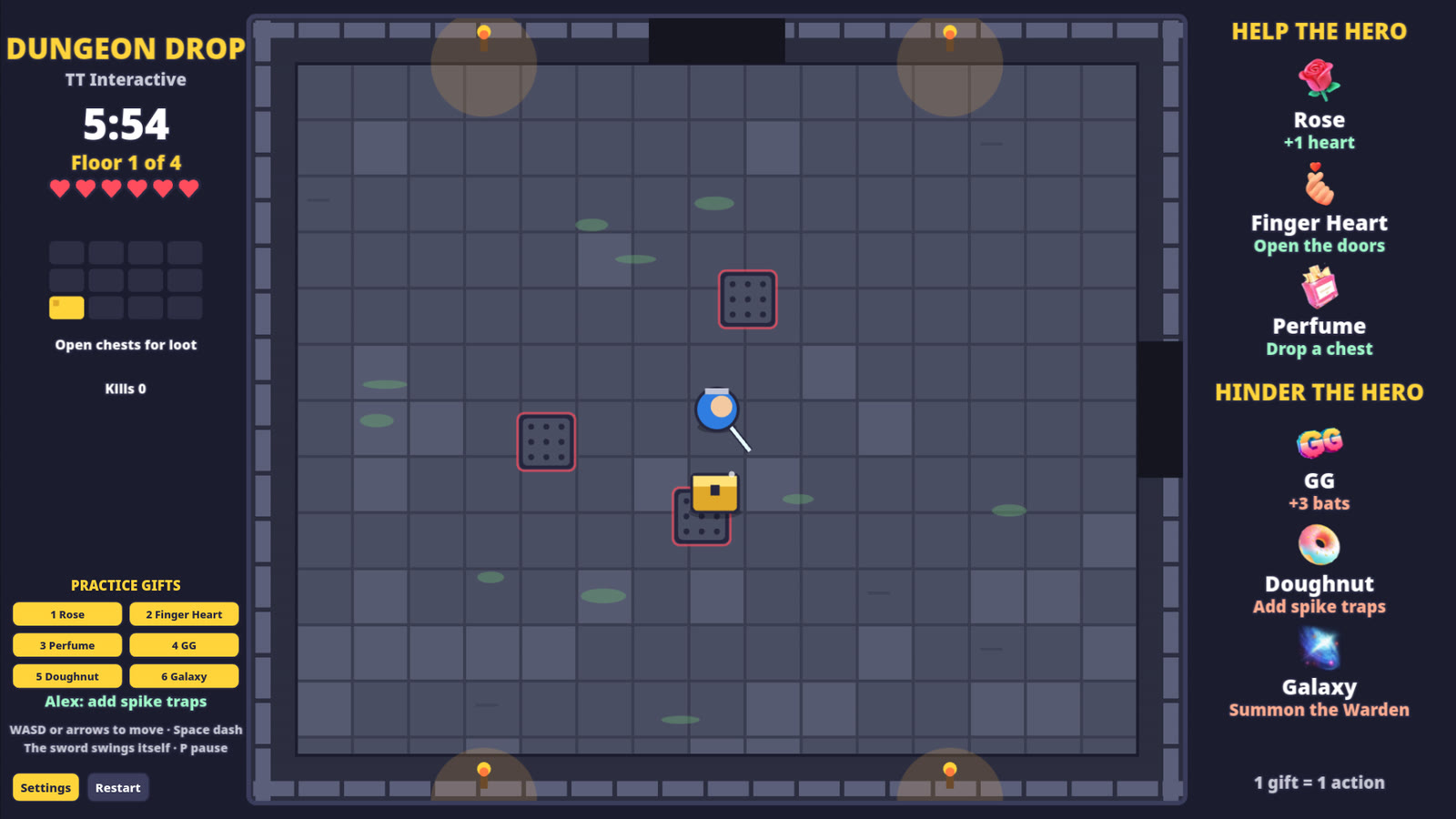 Dungeon Drop: a Perfume gift drops a golden chest and a Doughnut gift sets spike traps around the hero