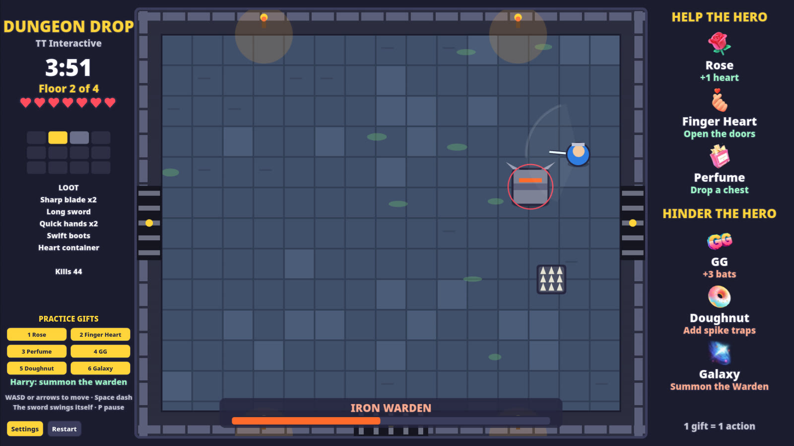 Dungeon Drop: a Galaxy gift summons the Iron Warden mini boss, with its health bar at the bottom