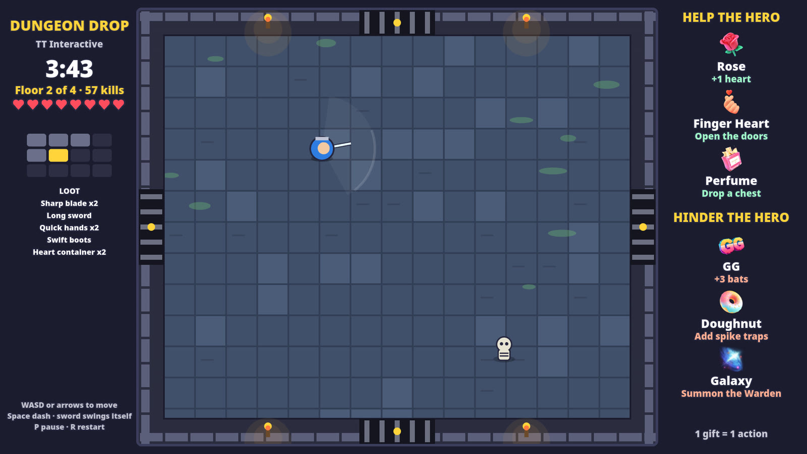 Dungeon Drop floor 2: a geared hero clears a room, with the loot list and floor map on the left