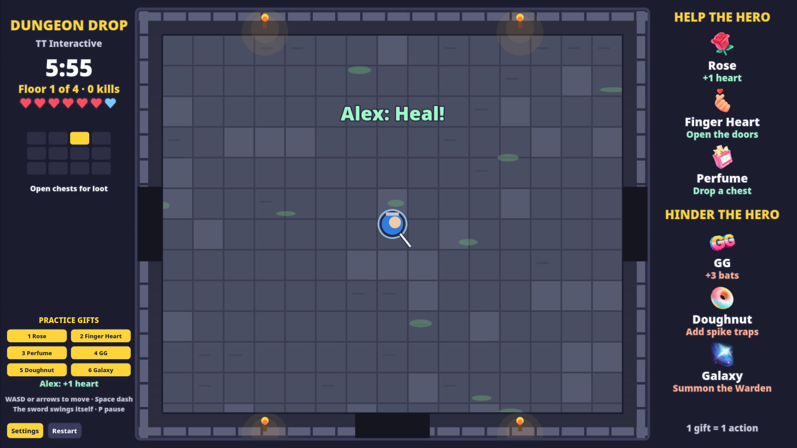 Dungeon Drop play page with the Practice Gifts buttons on the left