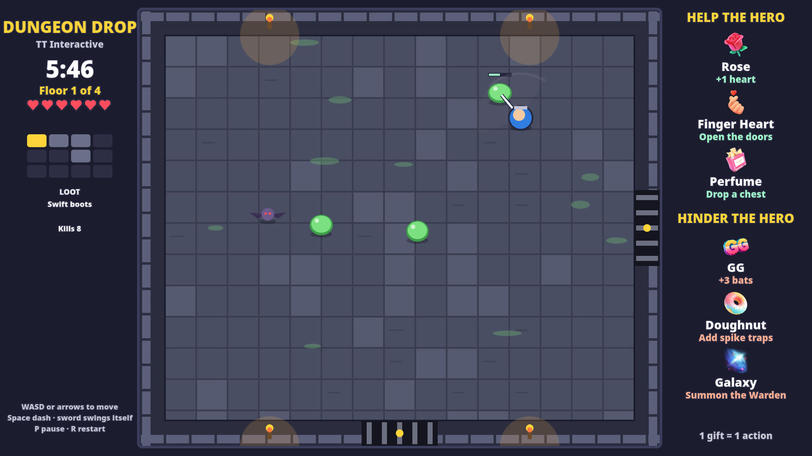 Dungeon Drop floor 1: the hero swings at slimes and a bat while the doors stay locked
