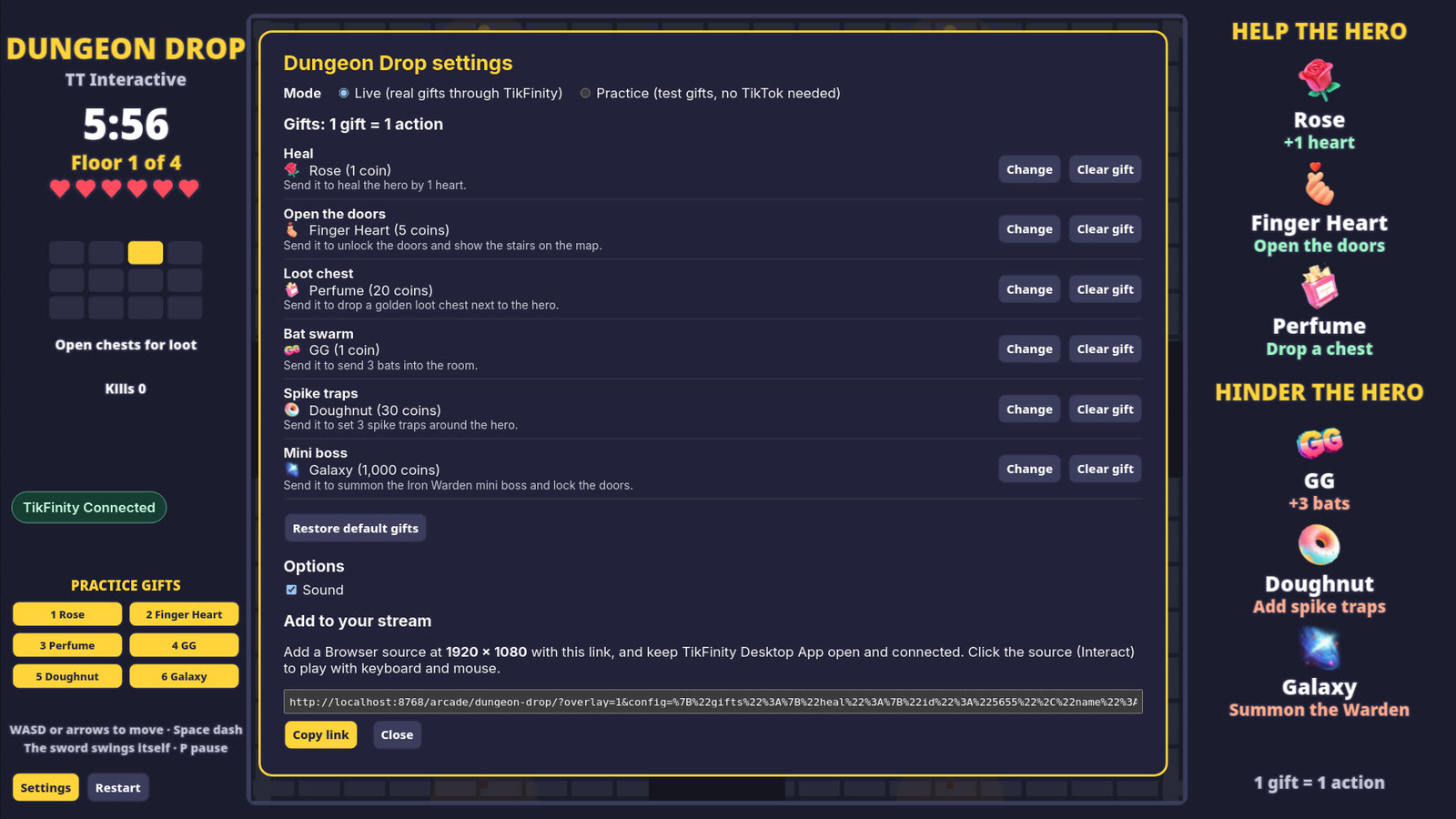 Dungeon Drop settings: gift pickers for each action and the overlay link to copy