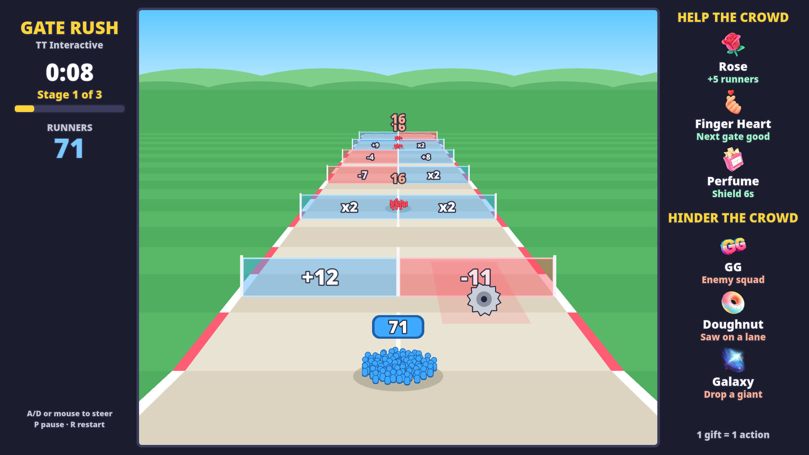 Gate Rush: the crowd running towards a pair of blue and red gates