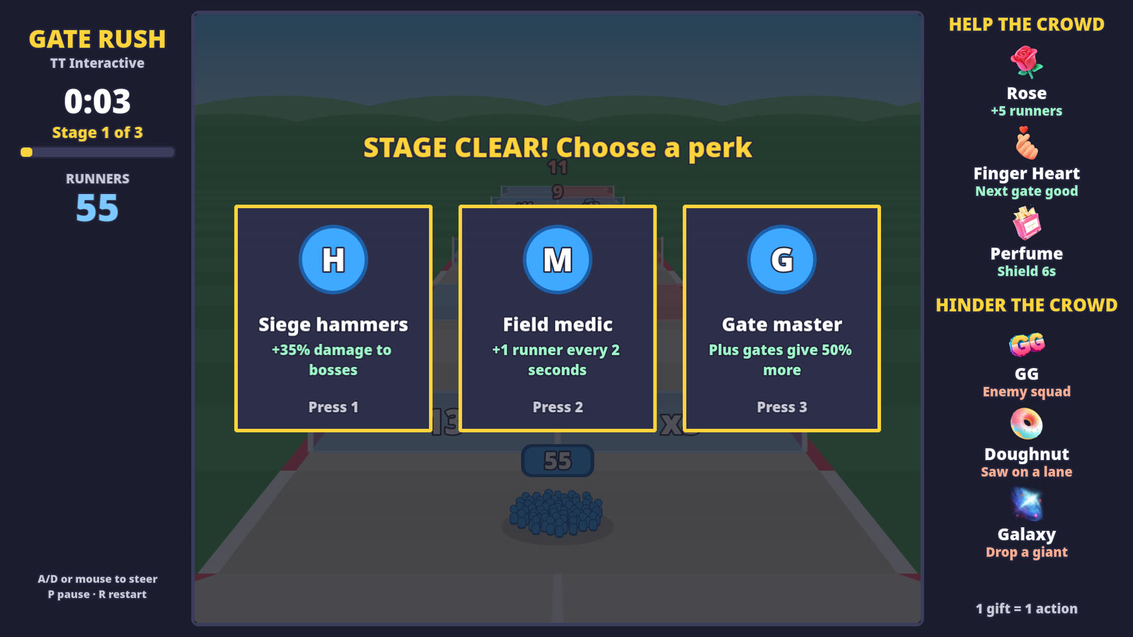 Gate Rush perk screen with 3 perk cards to choose from after a boss