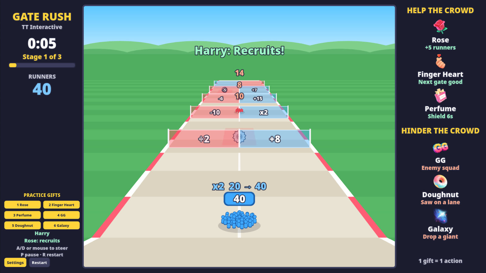 Gate Rush play page with the Practice Gifts buttons on the left