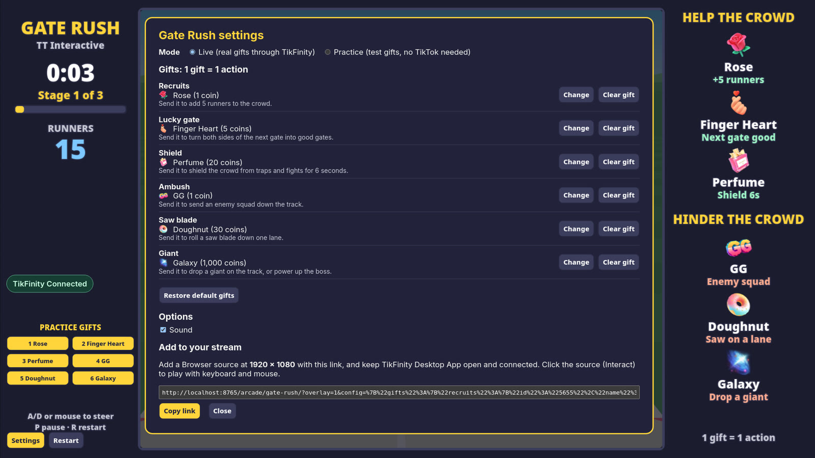 Gate Rush settings: gift pickers for each action and the overlay link to copy