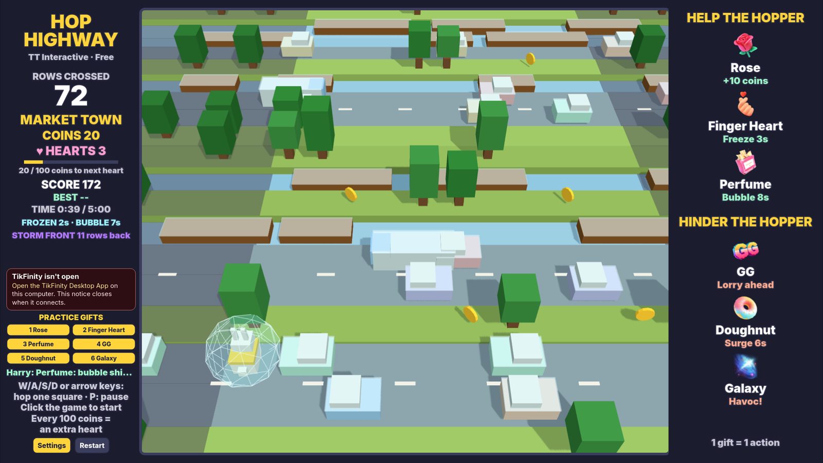 Hop Highway: the hopper crosses a frozen road inside a bubble shield, with the hearts and coins on the left and the gift list down the right side