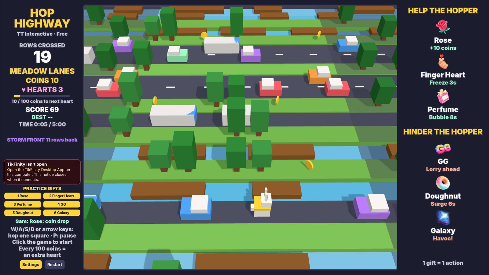 Hop Highway: the hopper waits on the grass in Meadow Lanes between a busy road and a river with floating logs