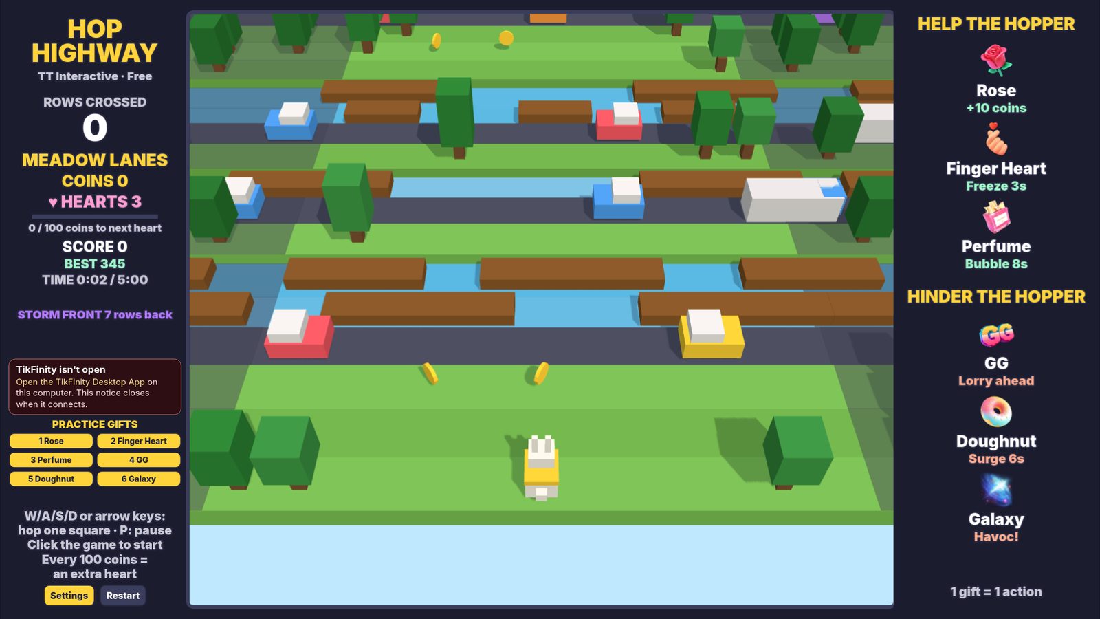 Hop Highway play page with the Practice Gifts buttons on the left