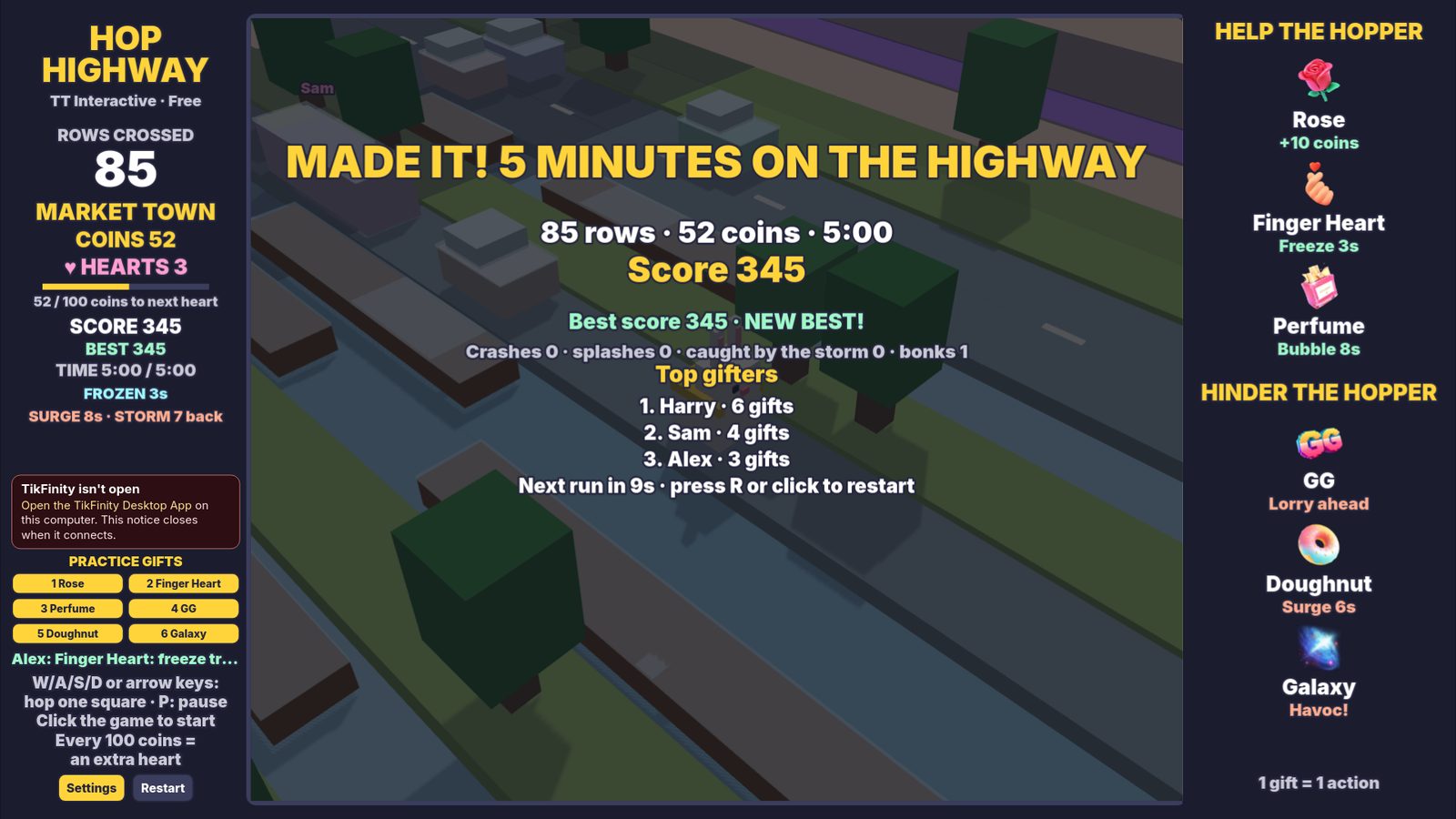 Hop Highway results screen showing the rows, coins, score, best score and top gifters