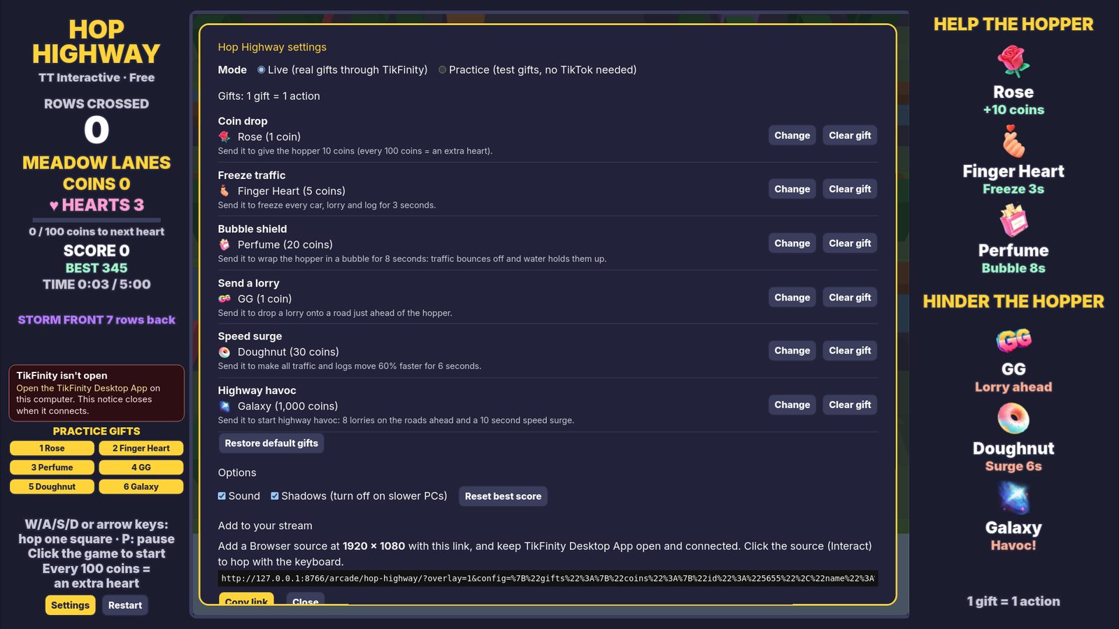 Hop Highway settings: gift pickers for each action and the overlay link to copy