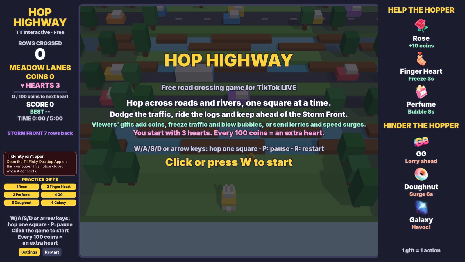 Hop Highway start screen with the controls and Click or press W to start