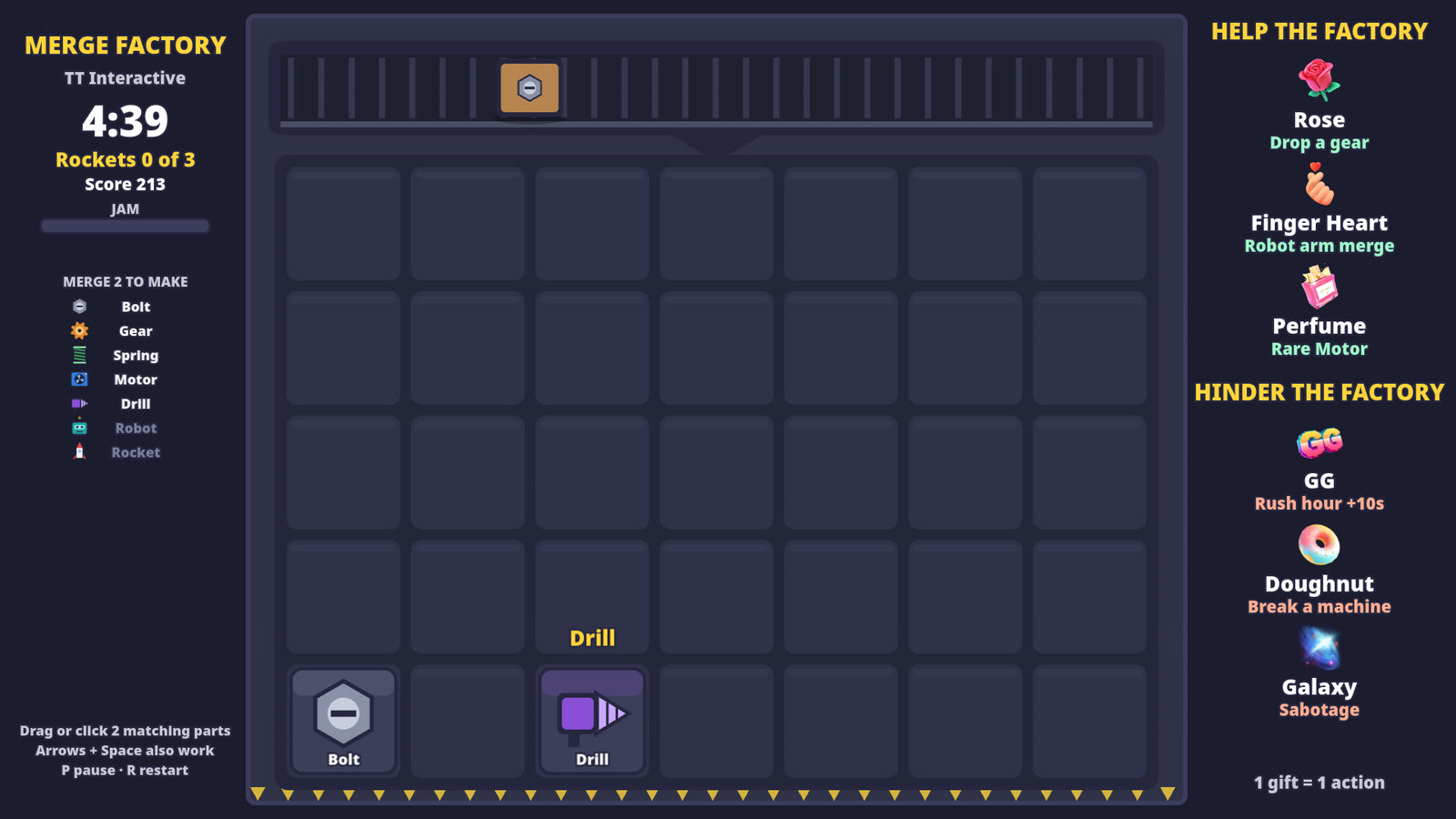 Merge Factory early in a shift: a crate rides the belt above a mostly empty board
