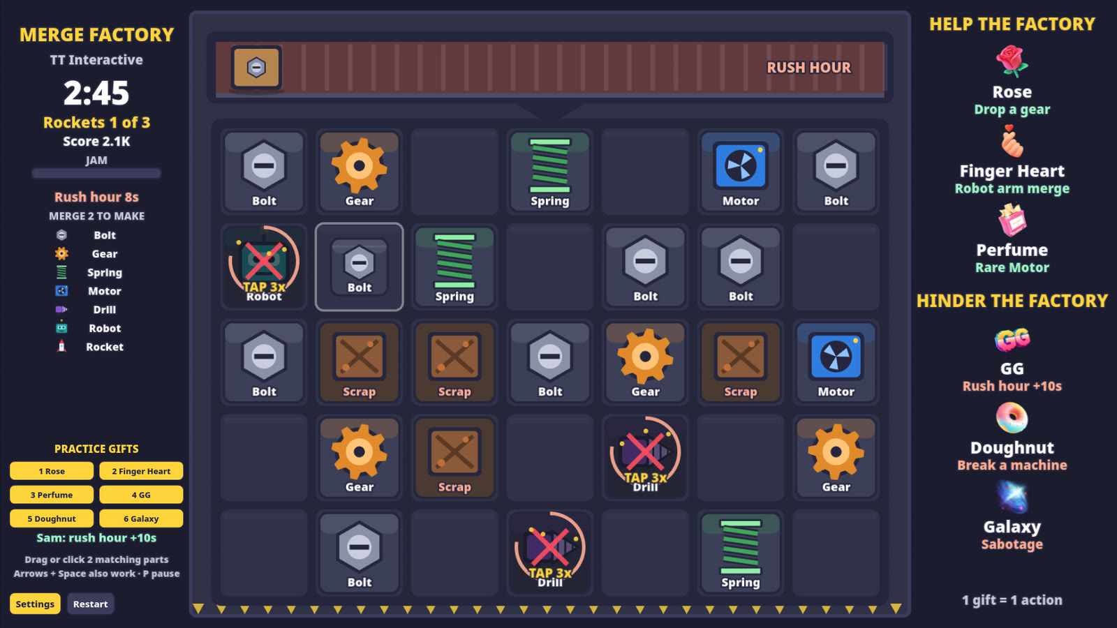Merge Factory board during rush hour: broken machines wait for repairs and scrap crates fill gaps, with the parts list on the left and the gift list down the right side