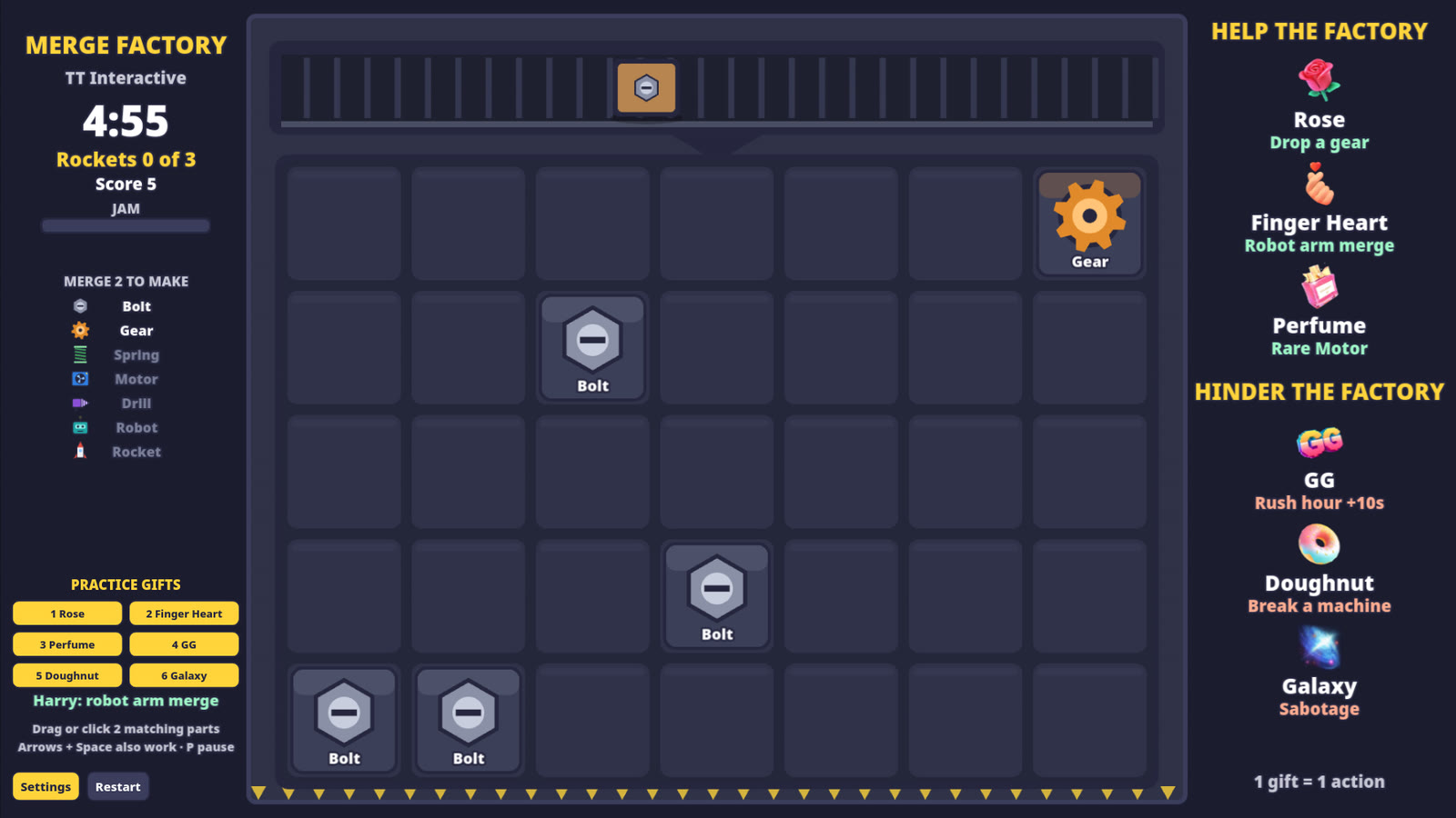 Merge Factory play page with the Practice Gifts buttons on the left