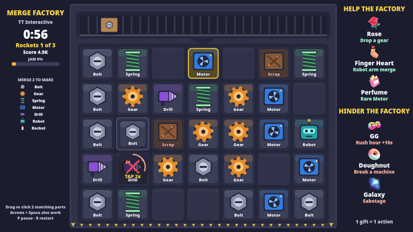 Merge Factory late in a shift: a nearly full board with the jam meter starting to fill