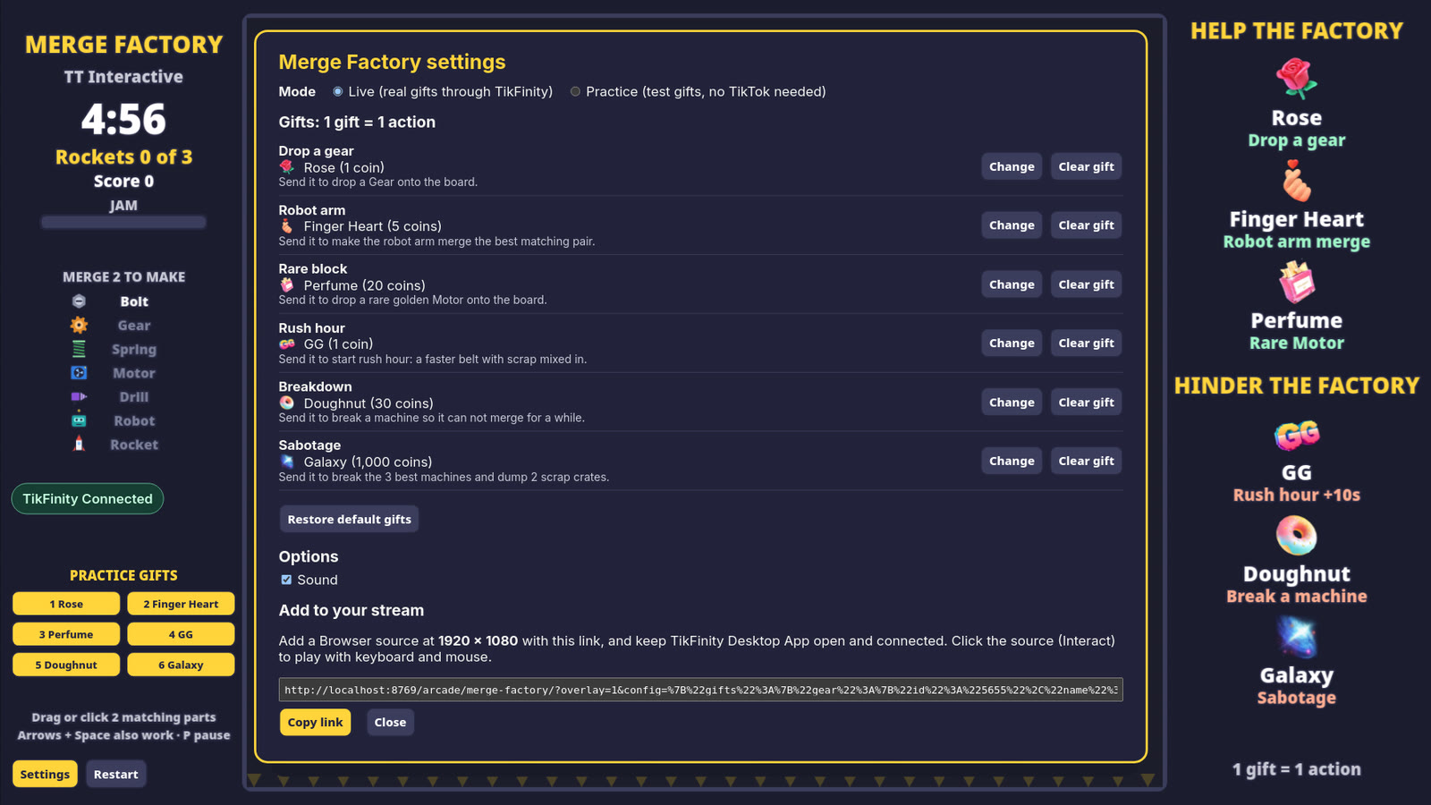 Merge Factory settings: gift pickers for each action and the overlay link to copy