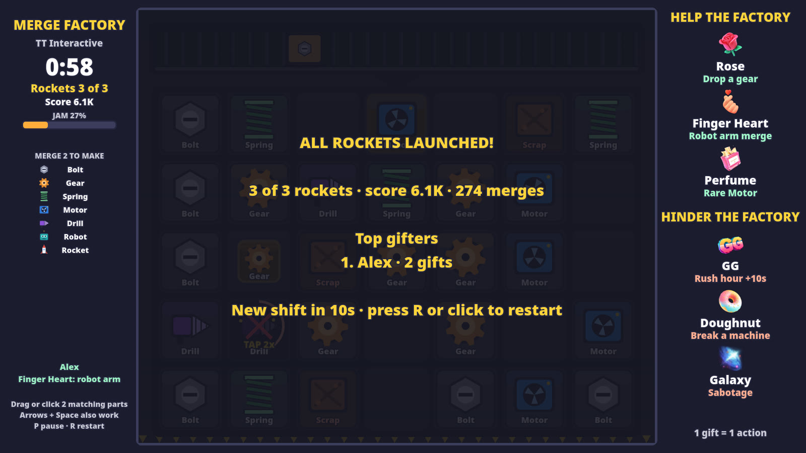 Merge Factory results screen showing rockets launched, score, merges and top gifters