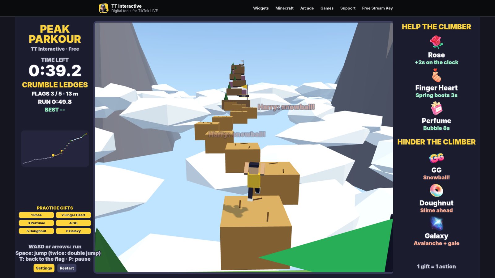 Peak Parkour: sandstone crumble ledges with cracks, leading to the next checkpoint flag
