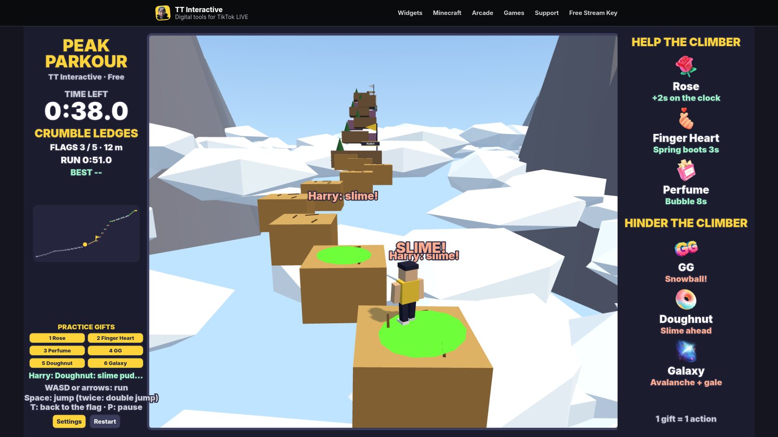 Peak Parkour: a Doughnut gift drops a green slime puddle on a platform ahead