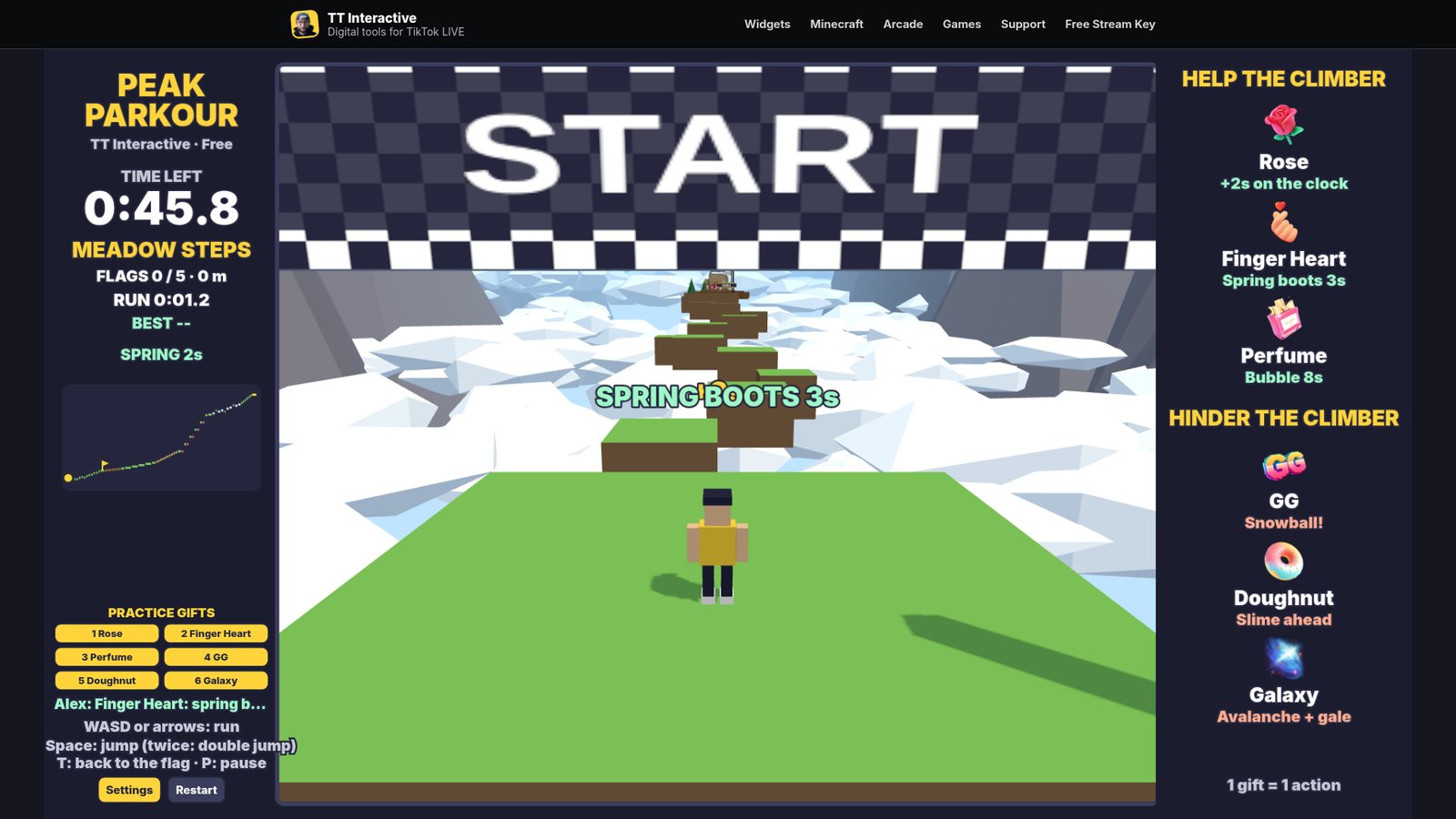 Peak Parkour play page with the Practice Gifts buttons on the left