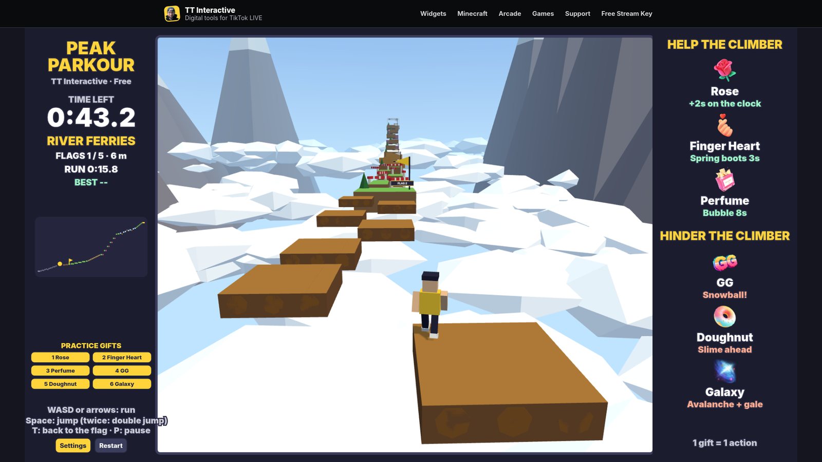 Peak Parkour: the runner jumps between wooden river ferries that slide from side to side