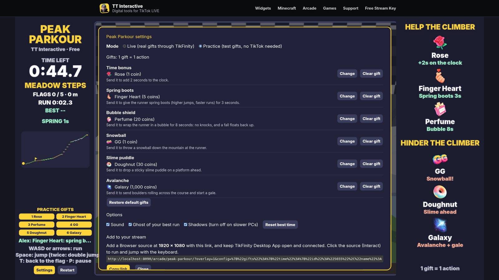 Peak Parkour settings: gift pickers for each action and the overlay link to copy