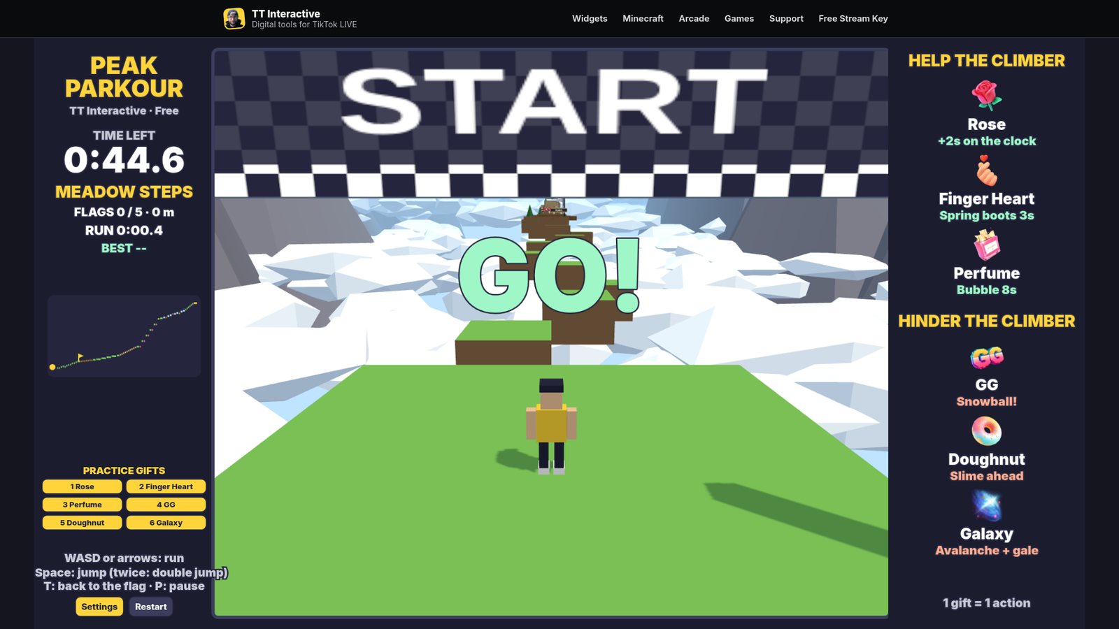 Peak Parkour start: GO! on the start pad under the START banner, with the course climbing away into the mountains