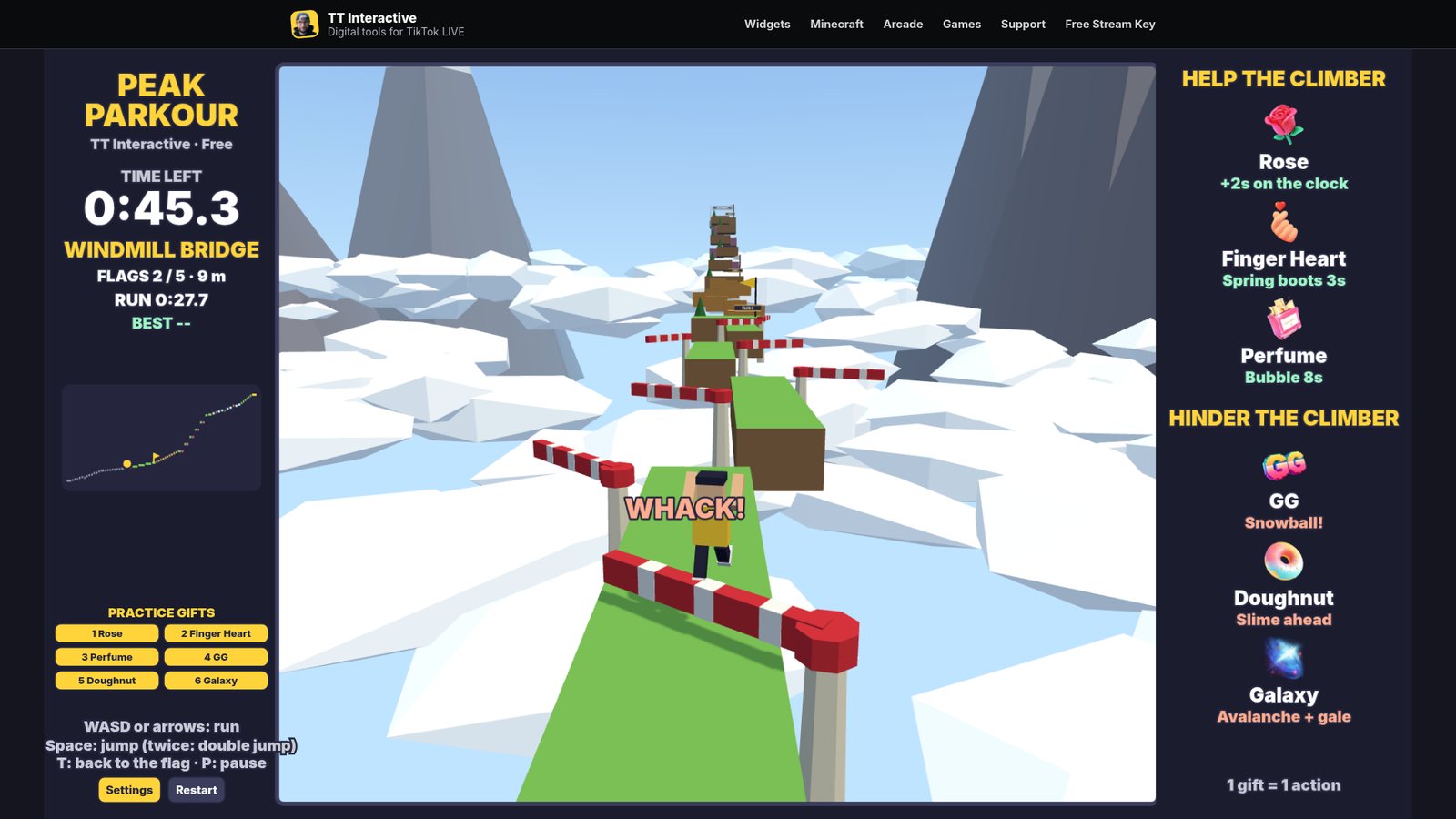 Peak Parkour: the runner crosses a narrow bridge as red and white windmill sails sweep across it, with the clock on the left and the gift list down the right side