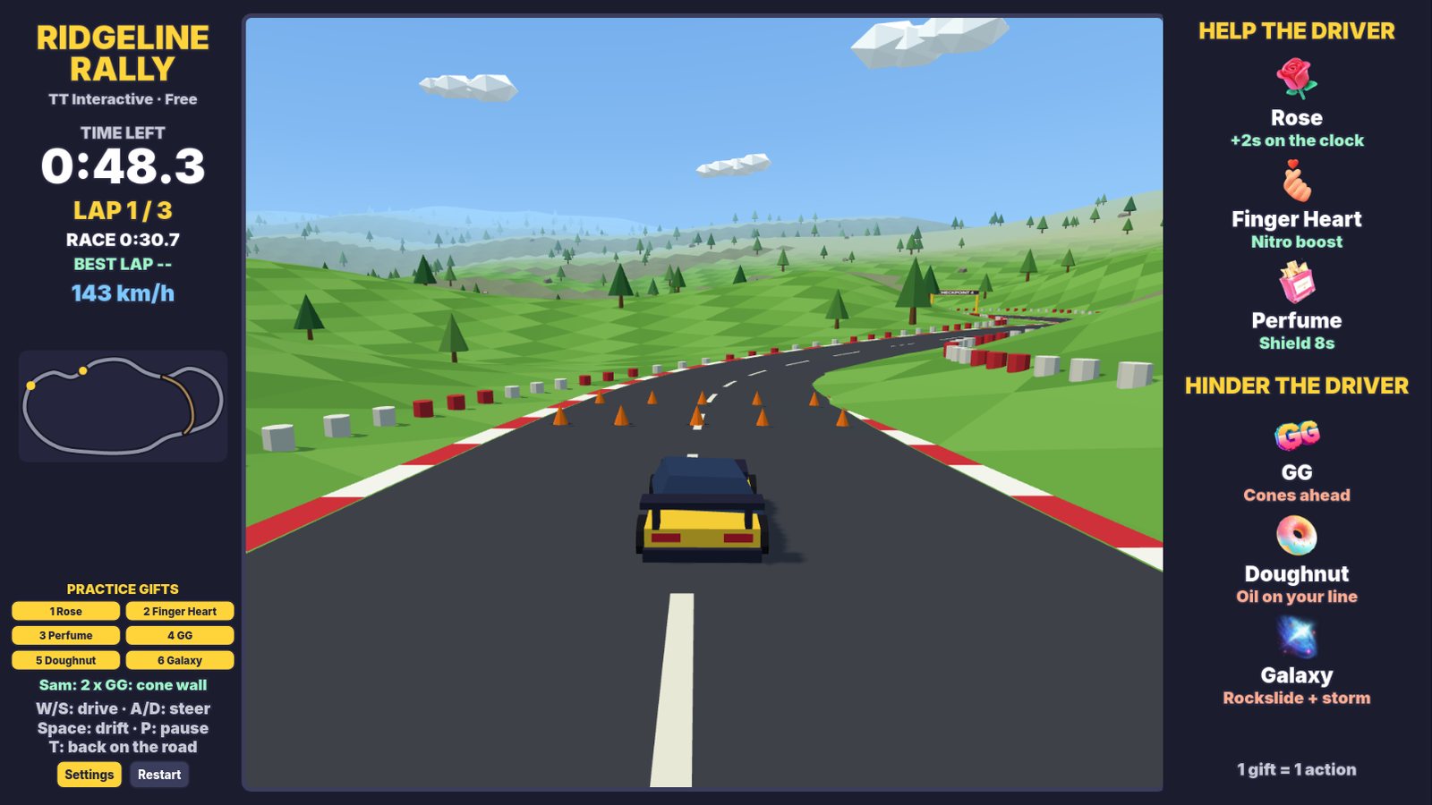Ridgeline Rally: a yellow rally car heads for a wall of orange cones under a checkpoint gate, with the clock and lap counter on the left and the gift list down the right side