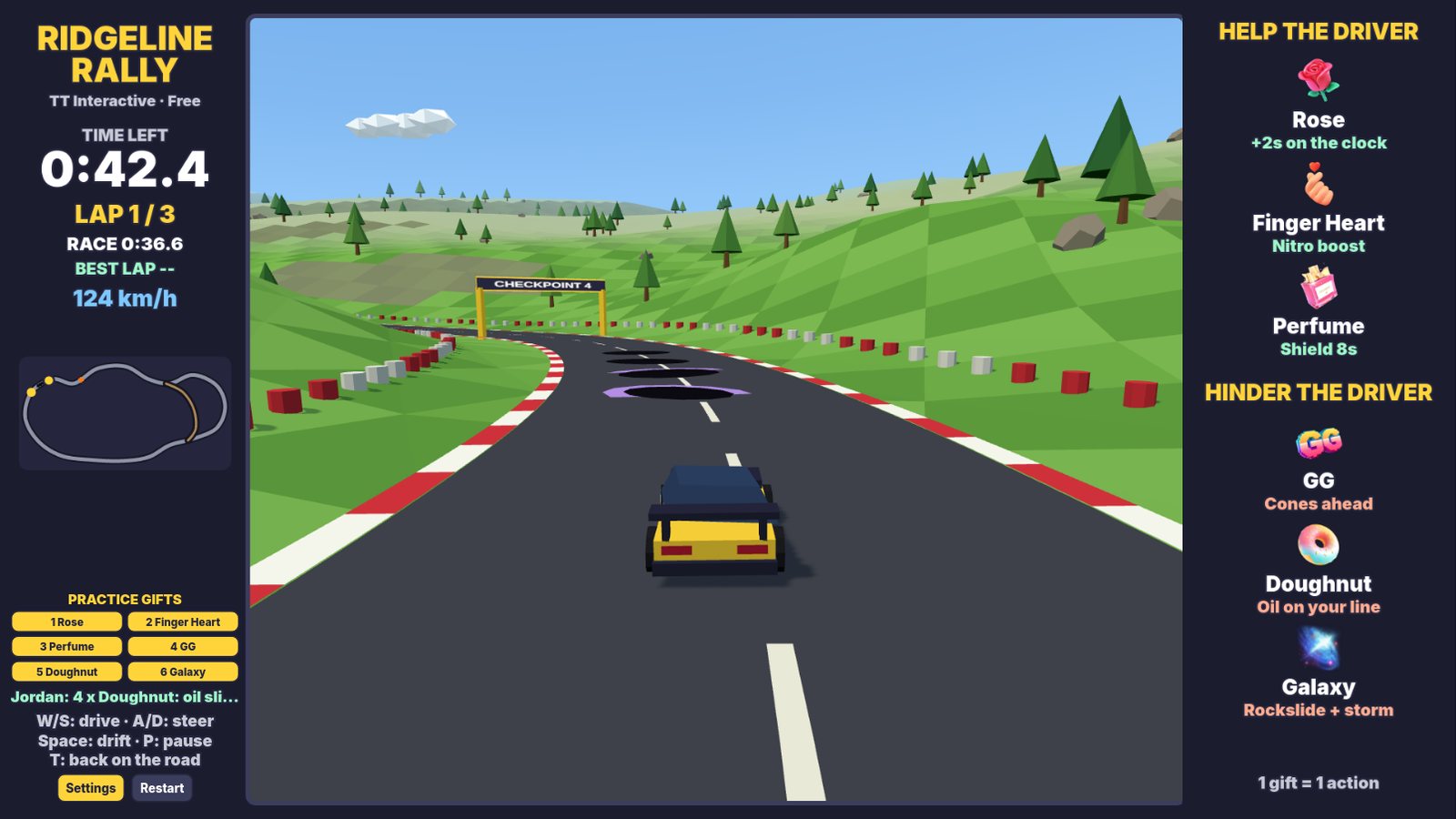 Ridgeline Rally: a Doughnut gift spills purple oil slicks on the racing line
