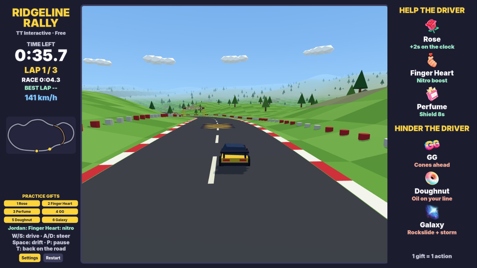 Ridgeline Rally play page with the Practice Gifts buttons on the left