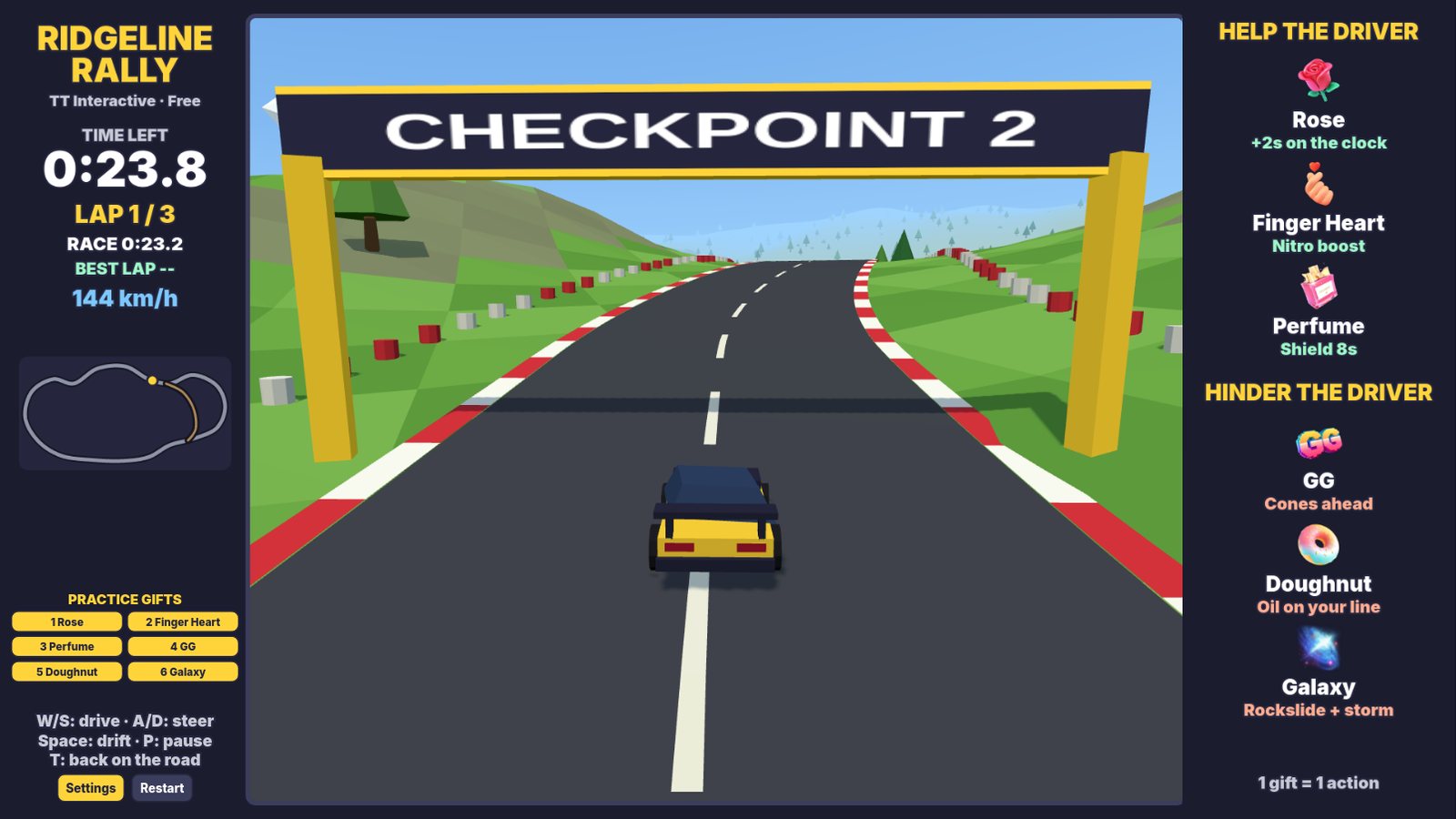 Ridgeline Rally: the rally car on the main road through green hills, with the minimap on the left