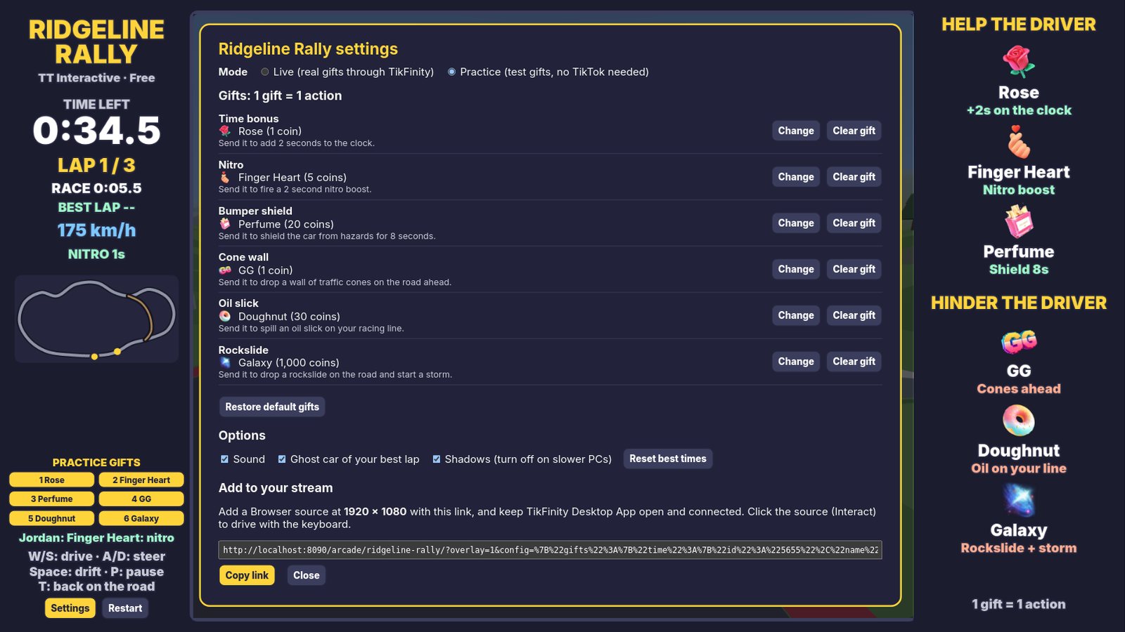 Ridgeline Rally settings: gift pickers for each action and the overlay link to copy