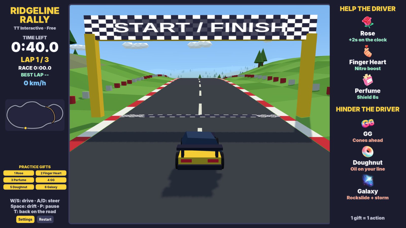 Ridgeline Rally start line: the countdown shows 3 under the Start / Finish gate