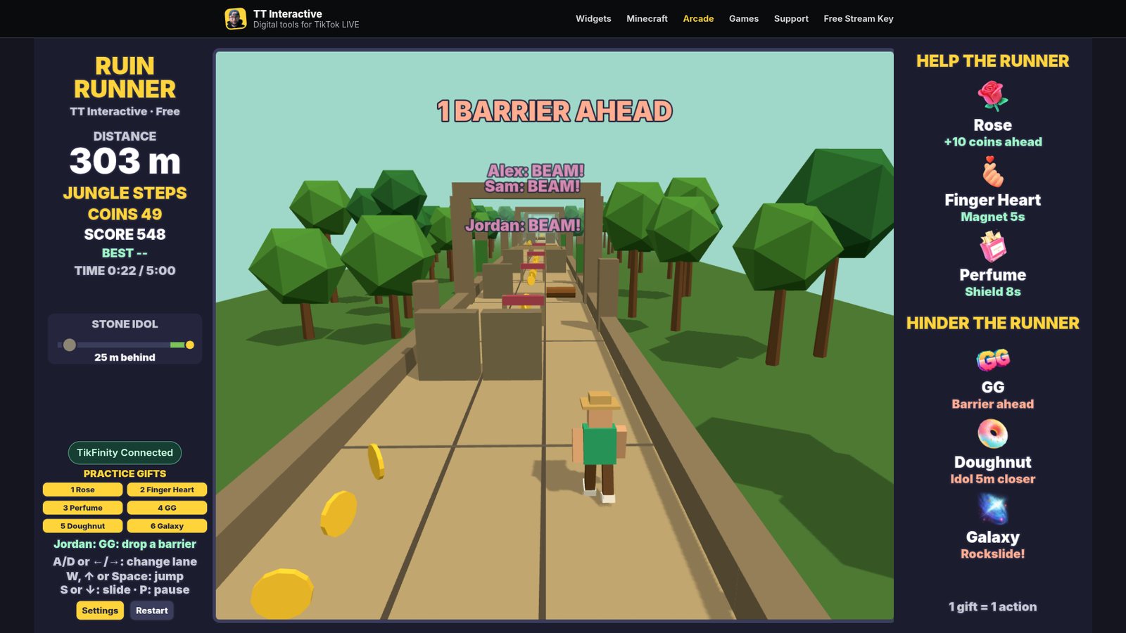 Ruin Runner: GG gifts drop pink-tinted logs and beams into the lanes ahead, each with the gifter's name