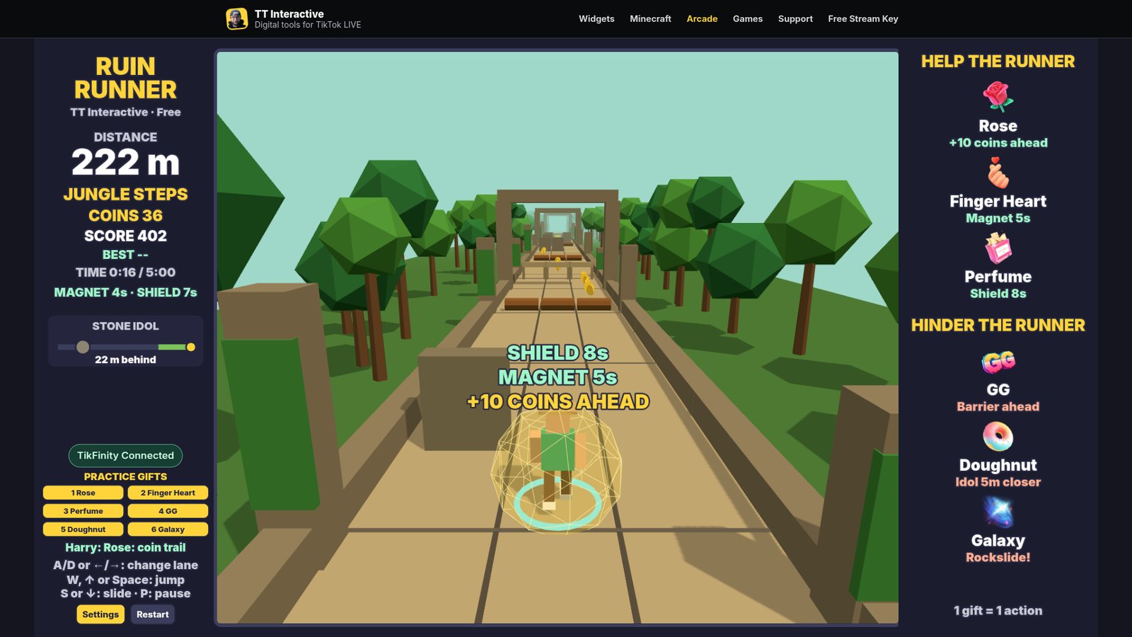 Ruin Runner: the explorer runs down a jungle ruin track inside a golden shield with a coin magnet ring, with the score on the left and the gift list down the right side