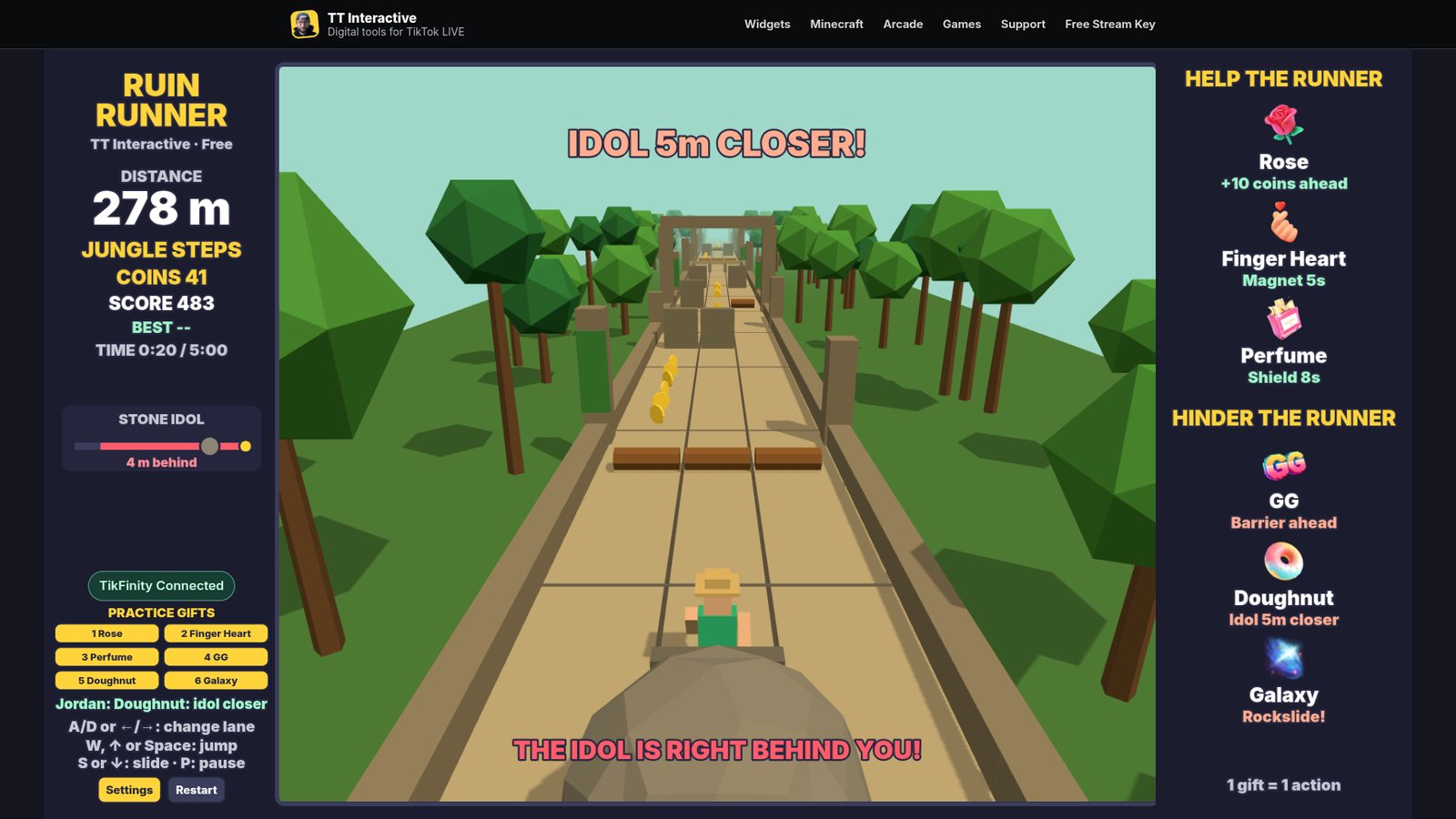 Ruin Runner: the rolling Stone Idol right behind the runner after a Doughnut gift