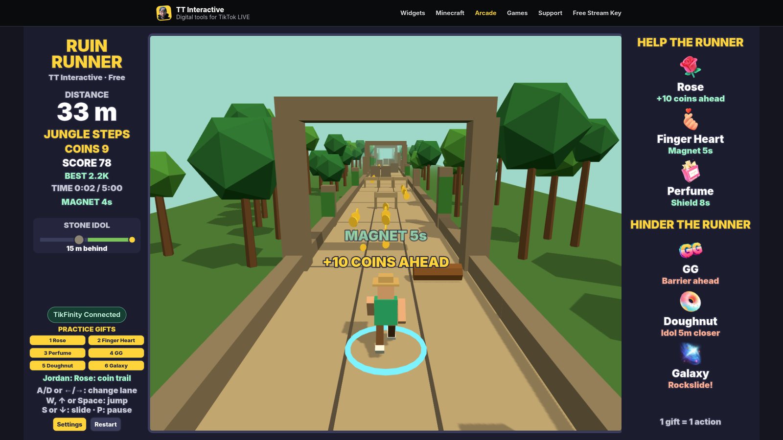 Ruin Runner play page with the Practice Gifts buttons on the left