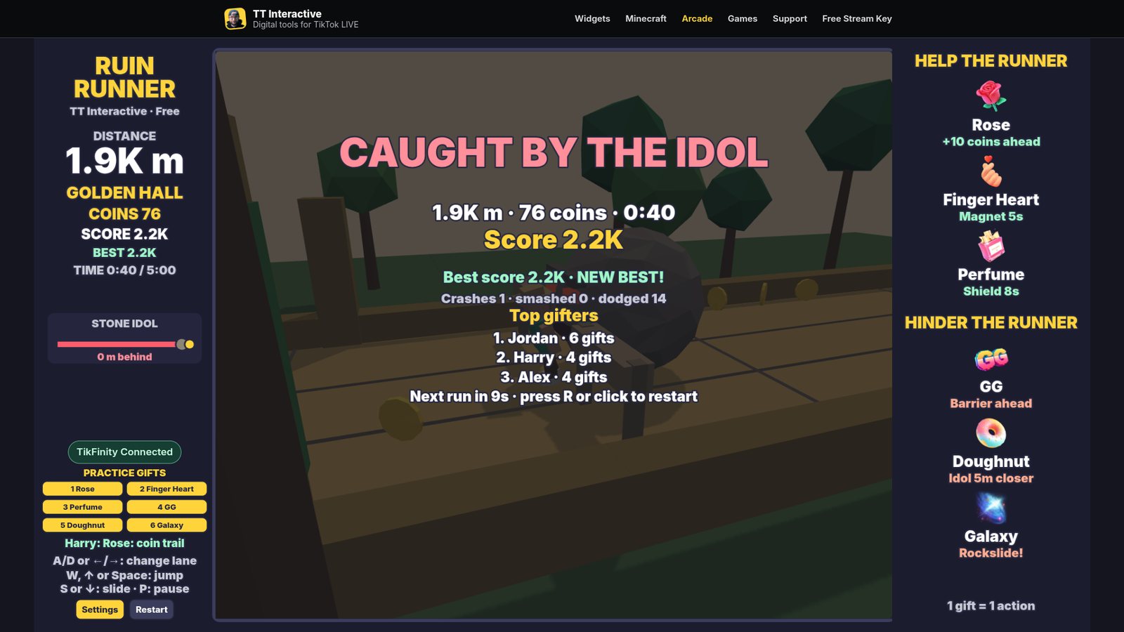 Ruin Runner results screen showing the distance, coins, score, best score and top gifters