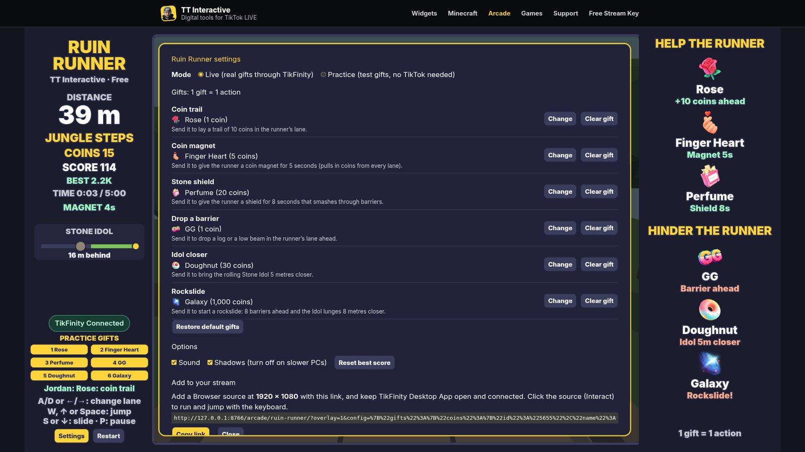 Ruin Runner settings: gift pickers for each action and the overlay link to copy