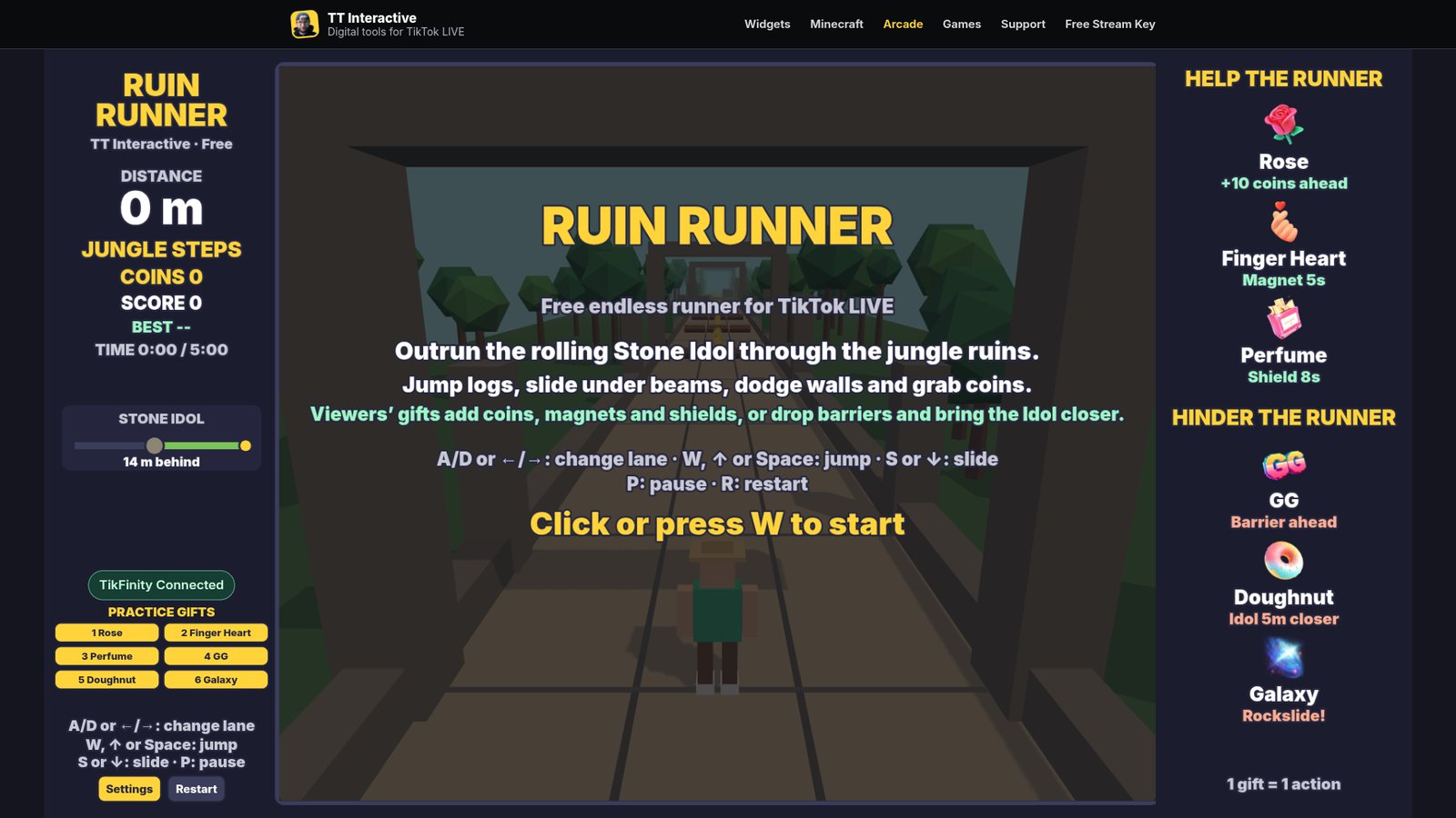 Ruin Runner start screen with the controls and Click or press W to start