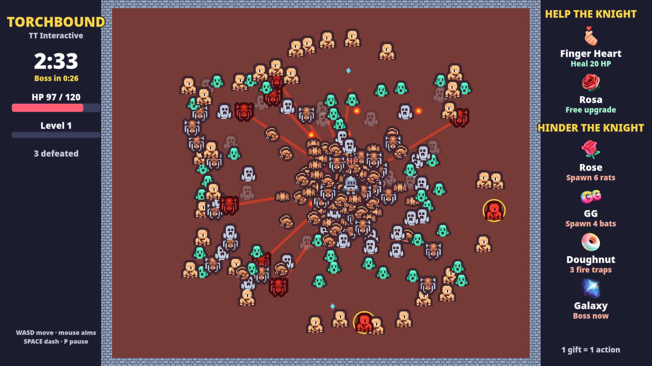 Torchbound gameplay: the knight surrounded by enemies in the arena, with the gift list down the right side